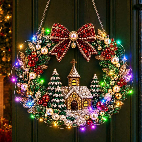 Light-Up Christmas Wreath Diamond Art Kit – Snowy Chapel
