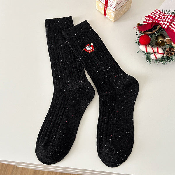 Embroidered Christmas Crew Socks – Black Santa