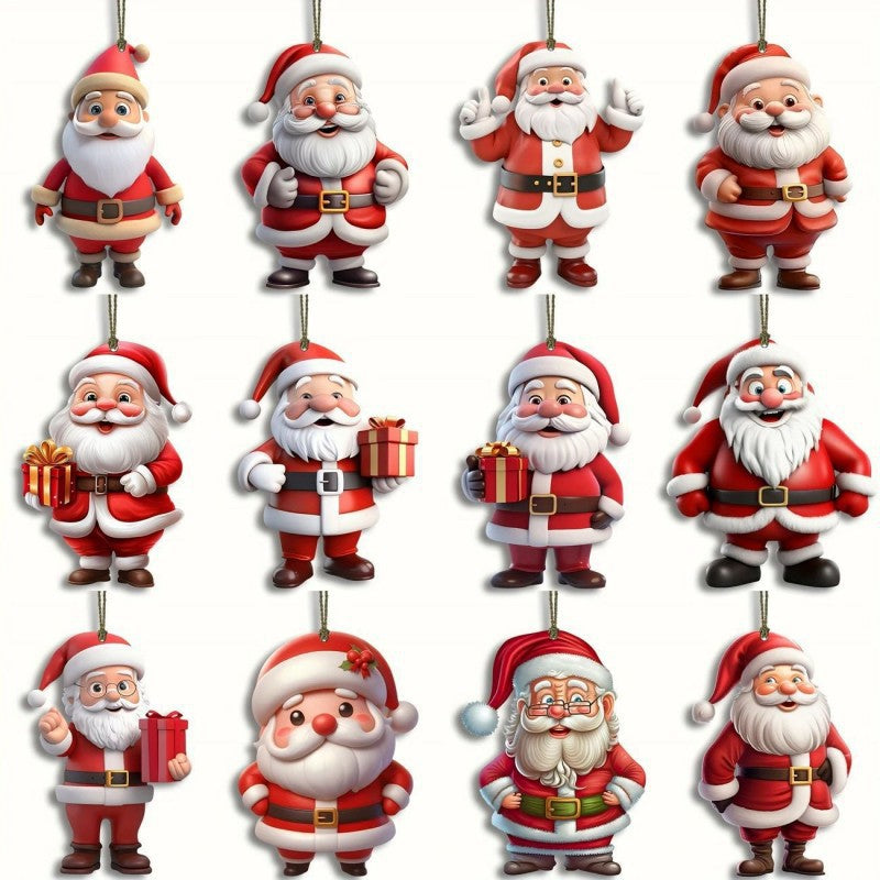 Wooden Santa Ornament Set – 12 Pieces